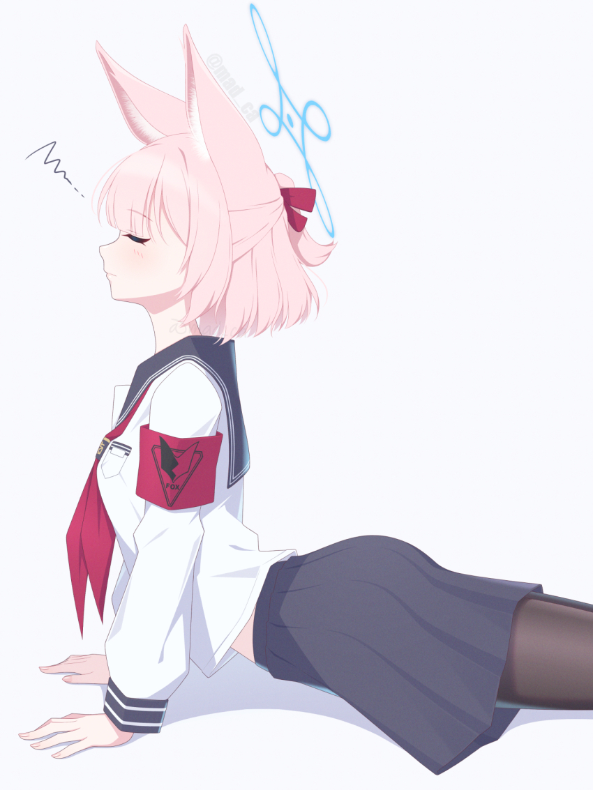 1girl animal_ear_fluff animal_ears armband black_pantyhose black_sailor_collar black_skirt blue_archive blue_halo blunt_bangs blush closed_eyes closed_mouth commentary cowboy_shot english_commentary film_grain fingernails fox_ears fox_girl from_side frown hair_ribbon half_updo halo highres long_sleeves lying madoka_(user_zrnk8278) medium_hair medium_skirt midriff_peek neckerchief niko_(blue_archive) on_stomach pantyhose pleated_skirt ponytail profile red_armband red_neckerchief red_ribbon ribbon sailor_collar school_uniform serafuku shirt short_ponytail simple_background skirt solo squiggle stretching twitter_username watermark white_background white_shirt