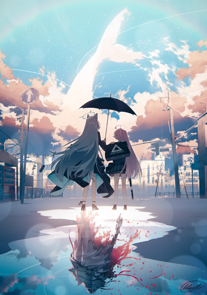 1other 2girls ahoge ammunition_pouch animal_ears beretta_1301 black_dress black_shoes black_skirt blew_andwhite blue_archive blue_halo blue_sky building cetacean_tail cloak cloud cloudy_sky commentary_request different_reflection disintegration dress extra_ears facing_away fins fish_tail from_behind gloves grey_hair gun halo high_heels highres holding holding_shield holding_umbrella hoshino_(armed)_(blue_archive) hoshino_(blue_archive) huge_ahoge lens_flare long_hair multiple_girls official_alternate_costume orange_clouds outdoors phrenapates_(blue_archive) pink_hair pink_halo plaid_clothes plaid_skirt ponytail pouch power_lines puddle rainbow reflection ring_of_light_(blue_archive) road_sign ruins shield shiroko_terror_(blue_archive) shoes shotgun sign signature skirt sky surreal tail umbrella urban utility_pole vending_machine very_long_hair weapon white_cloak wolf_ears