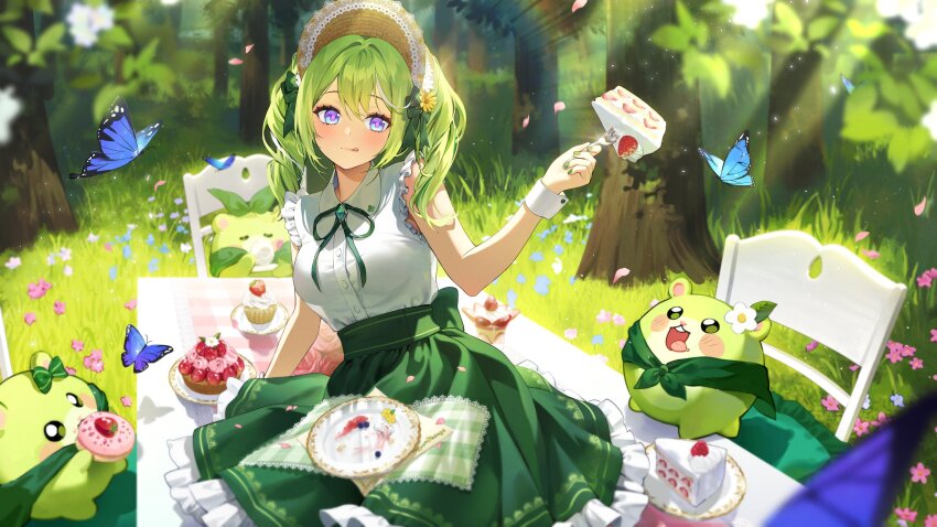 1girl absurdres ayoni_623 blue_butterfly blue_eyes bonnet brooch bug butterfly cake cake_slice cape chair chico_(yuzuha_riko) closed_mouth collared_shirt creature cup cupcake donut dress_shirt drinking eating falling_petals flower food fork frilled_shirt frilled_skirt frills fruit gem gradient_eyes grass green_cape green_gem green_hair green_nails green_ribbon green_skirt hair_flower hair_ornament hair_ribbon highres holding holding_cup holding_fork insect jewelry multicolored_eyes multicolored_hair nail_polish neck_ribbon open_mouth outdoors parfait petals plate ribbon shirt sitting sitting_on_table skirt sleeveless sleeveless_shirt stellive strawberry streaked_hair table tart_(food) teacup tongue tongue_out tree virtual_youtuber white_hair white_shirt wrist_cuffs yellow_flower yuzuha_riko
