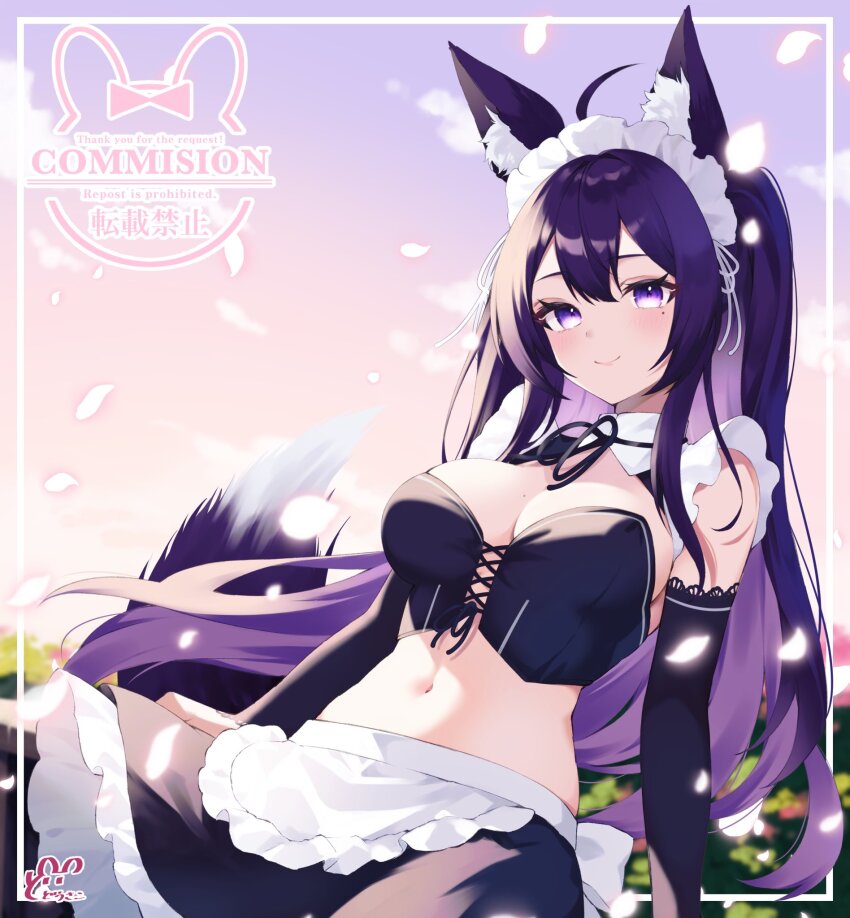 1girl animal_ear_fluff animal_ears apron bare_shoulders black_gloves black_hair black_skirt breasts cleavage collar colored_inner_hair commentary_request commission crop_top detached_collar dodosako elbow_gloves fox_ears fox_girl fox_tail gloves highres indie_virtual_youtuber looking_at_viewer maid_headdress medium_breasts multicolored_hair purple_eyes purple_hair skeb_commission skirt solo tail virtual_youtuber white_apron white_collar white_headdress
