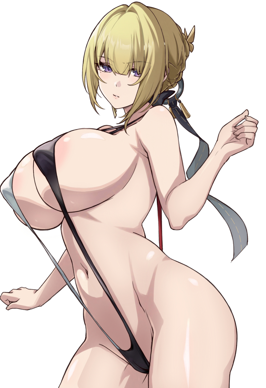 1girl black_slingshot_swimsuit blonde_hair breasts commentary_request covered_navel cowboy_shot evelyn_chevalier highres huge_breasts looking_at_viewer navel parted_lips purple_eyes saint_laurent_paris slingshot_swimsuit solo swimsuit two-tone_slingshot_swimsuit white_background white_slingshot_swimsuit zenless_zone_zero