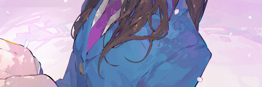 1girl absurdres arms_up blue_suit brown_hair cherry_blossoms commentary_request formal_clothes highres long_hair necktie original purple_necktie shiloroshi shirt solo suit white_shirt