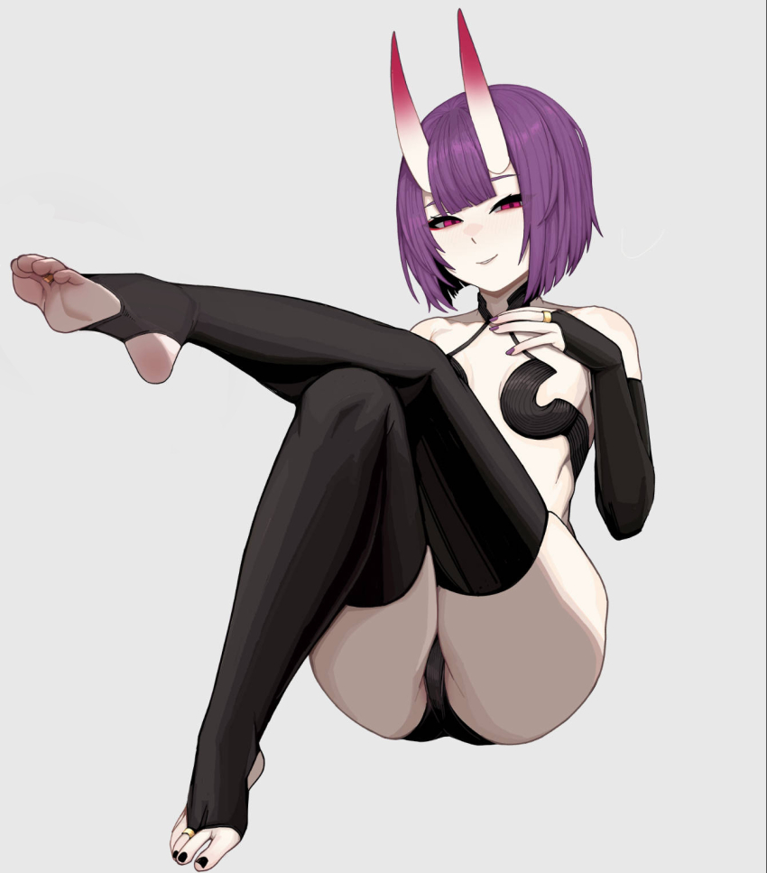 1girl barefoot fate/grand_order fate_(series) feet hesanily highres horns looking_at_viewer medium_hair parted_lips pink_eyes purple_hair shuten_douji_(fate) smile soles stirrup_legwear toeless_legwear toes