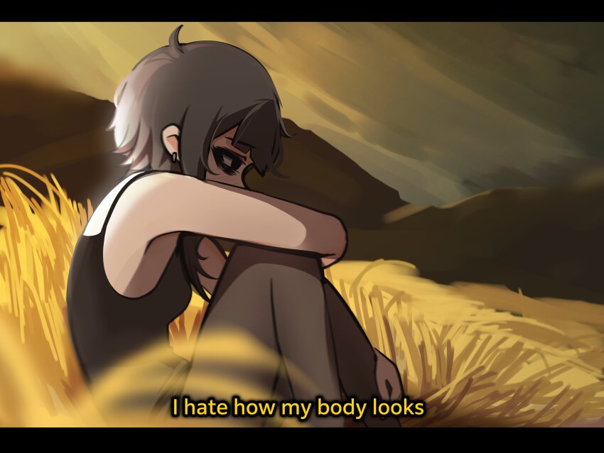 1girl absurdres black_eyes black_hair black_tank_top breasts commentary english_commentary english_text from_side hay highres letterboxed medium_hair mikuneki original riyo_kaede_(mikuneki) sad sitting small_breasts solo subtitled tank_top