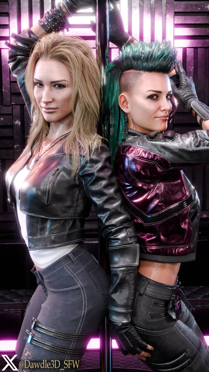 2girls 3d absurdres alt_cunningham artist_name asymmetrical_hair black_boots black_gloves black_jacket black_pants blonde_hair boots cyberpunk_(series) cyberpunk_2077 dawdle3d denim fingerless_gloves gloves green_hair highres jacket jeans long_hair looking_at_viewer multiple_girls open_clothes open_jacket pants pole rogue_amendiares sidecut stripper_pole twitter_username twitter_x_logo undercut