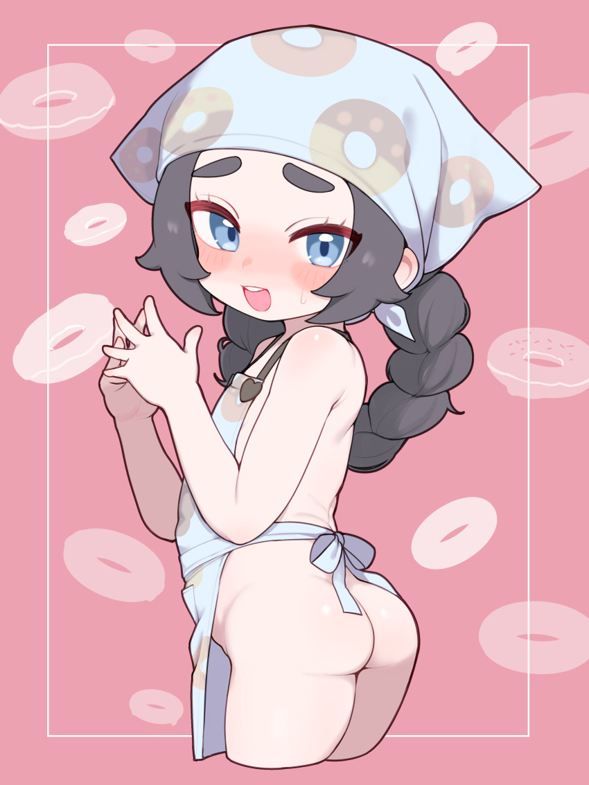 1girl absurdres ansha_(pokemon) apron ass black_hair blue_eyes blush flat_chest headscarf highres lk149 loli looking_at_viewer medium_hair naked_apron nintendo open_mouth pink_background pokemon pokemon_legends:_z-a solo teeth upper_teeth_only