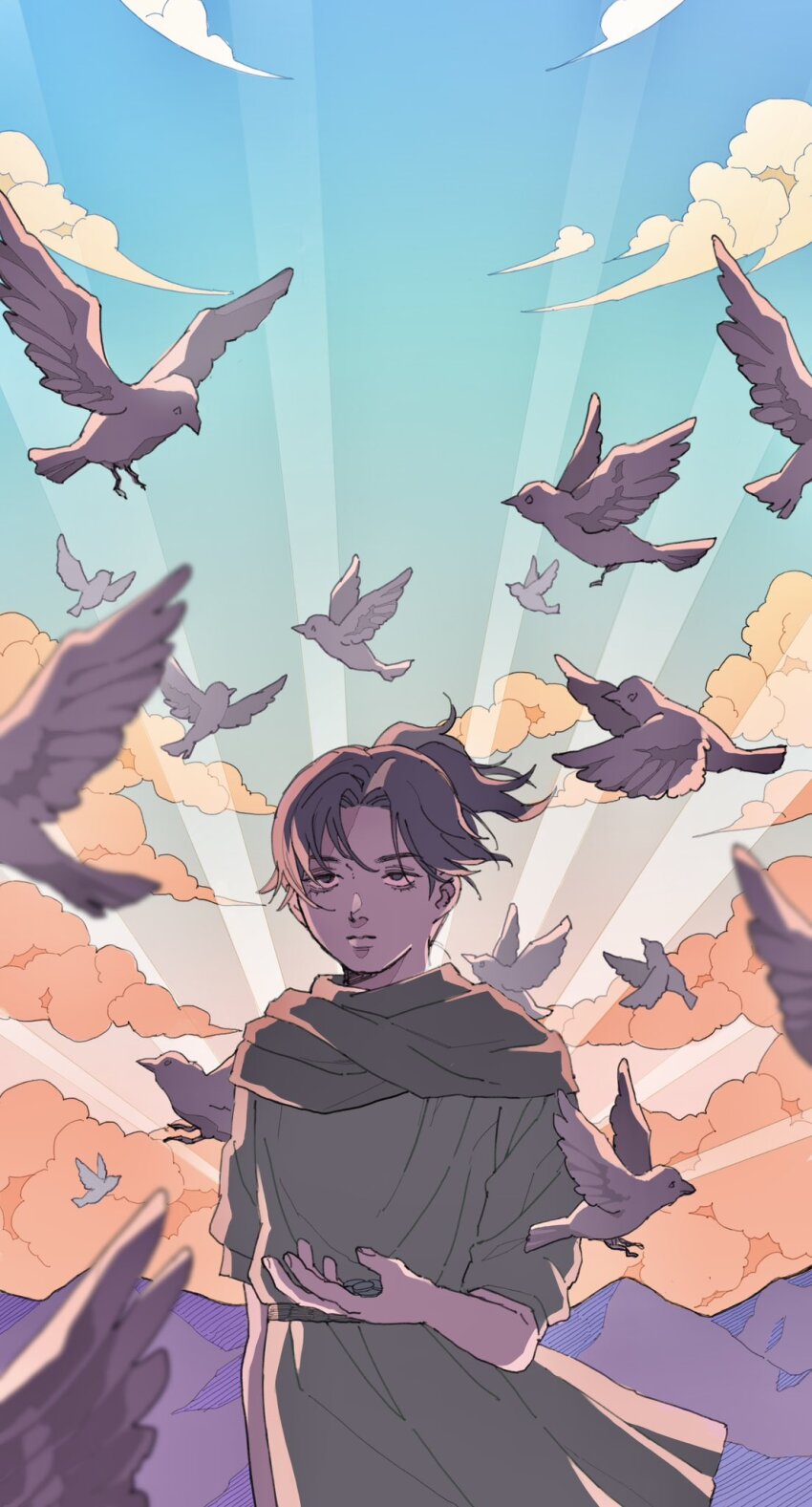 1girl bird black_hair blurry blurry_foreground brown_cloak chi.:_chikyuu_no_undou_ni_tsuite cloak closed_mouth cloud cloudy_sky draka_(chi.) flock grey_tunic highres looking_at_viewer mountain outstretched_hand parted_bangs ponytail short_hair sky solo sunrise tmmymars tunic upper_body