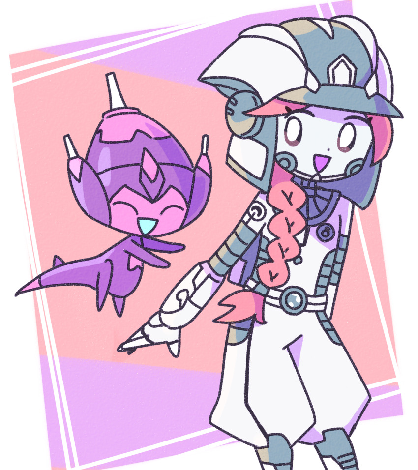 1girl blue_skin braid closed_eyes colored_skin commentary dot_nose eyelashes floating gen_7_pokemon gloves helmet highres long_hair nintendo open_mouth orange_hair poipole pokemon pokemon_(creature) pokemon_usum remoooon single_braid smile ultra_beast ultra_recon_squad_uniform white_gloves white_helmet zossie_(pokemon)