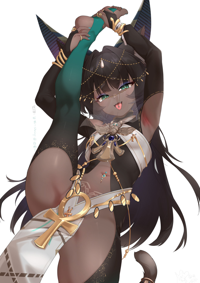 1girl absurdres ancient_egyptian_clothes animal_ears ankh armpits bodystocking breasts brown_egyptian_cat-eared_loli_(trend) brown_hair cat_ears cat_girl cat_tail dancer dark-skinned_female dark_skin eyebrows_hidden_by_hair flexible green_eyes highres hinanawi_mika jewelry loli long_hair looking_at_viewer nail_polish navel_piercing necklace open_mouth original piercing see-through_clothes see-through_veil simple_background slit_pupils small_breasts smile soles solo split standing standing_on_one_leg standing_split tail toes tongue tongue_out veil very_long_hair white_background