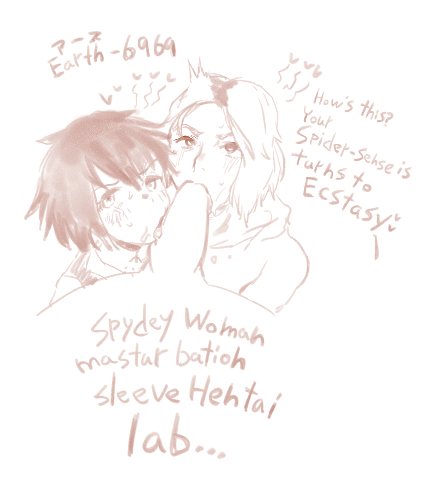 2girls absurdres blush cooperative_fellatio english_text engrish_text fellatio g_kouguti hair_between_eyes heart highres licking licking_penis lineart marvel multiple_girls oral peni_parker penis pov pov_crotch ranguage saliva short_hair sketch spider-gwen spider-man:_across_the_spider-verse spider-man:_into_the_spider-verse spider-man_(series) spider-verse teamwork_(sexual)