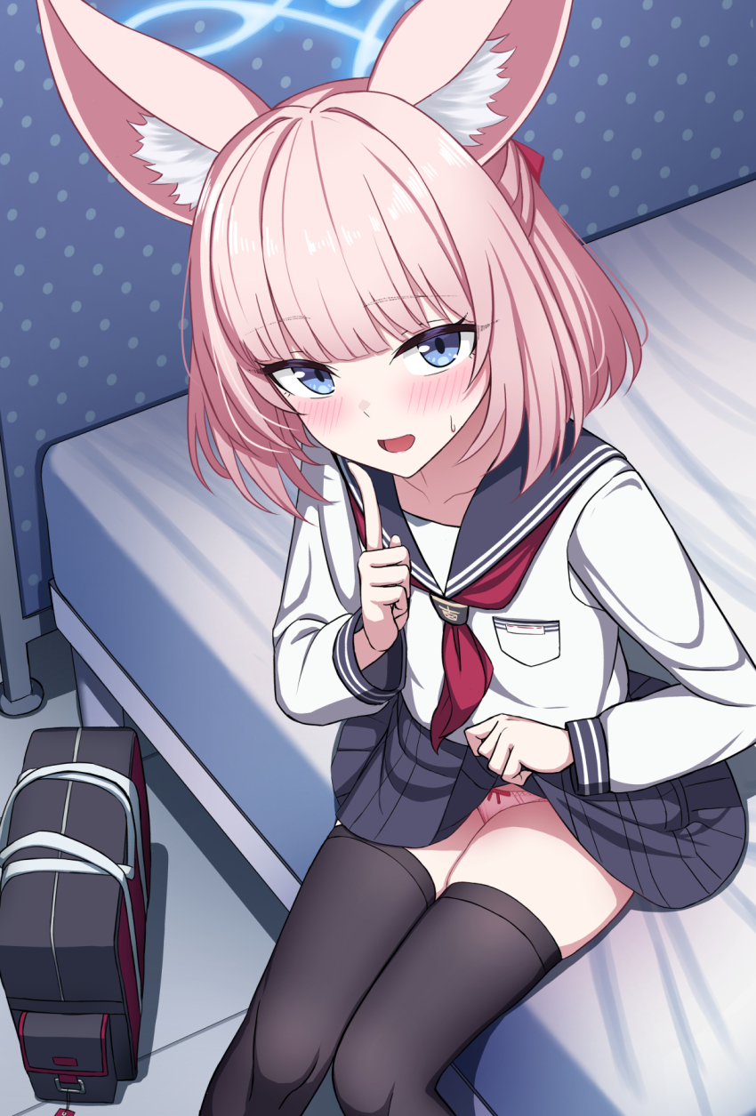 1girl animal_ear_fluff animal_ears bag black_thighhighs blue_archive blue_halo blush clothes_lift commentary_request fox_ears fox_girl halo highres index_finger_raised lifting_own_clothes looking_at_viewer neckerchief niko_(blue_archive) on_bed panties pink_hair sailor_collar school_uniform serafuku shoulder_bag sitting skirt skirt_lift solo thighhighs underwear white_panties yakob_labo