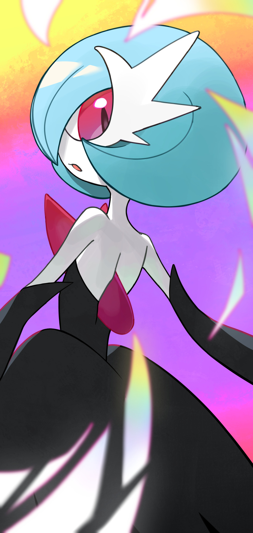 1girl absurdres alternate_color back bare_shoulders black_dress black_gloves blue_hair blurry blurry_foreground bob_cut colored_skin dress elbow_gloves female_focus from_behind gardevoir gen_3_pokemon gloves gradient_background hair_over_one_eye highres long_dress looking_at_viewer looking_back mega_evolution mega_gardevoir mega_pokemon nintendo one_eye_covered open_mouth pokemon pokemon_(creature) profile purple_background red_eyes shiny_pokemon short_hair solo standing strapless strapless_dress white_skin zusa1182610