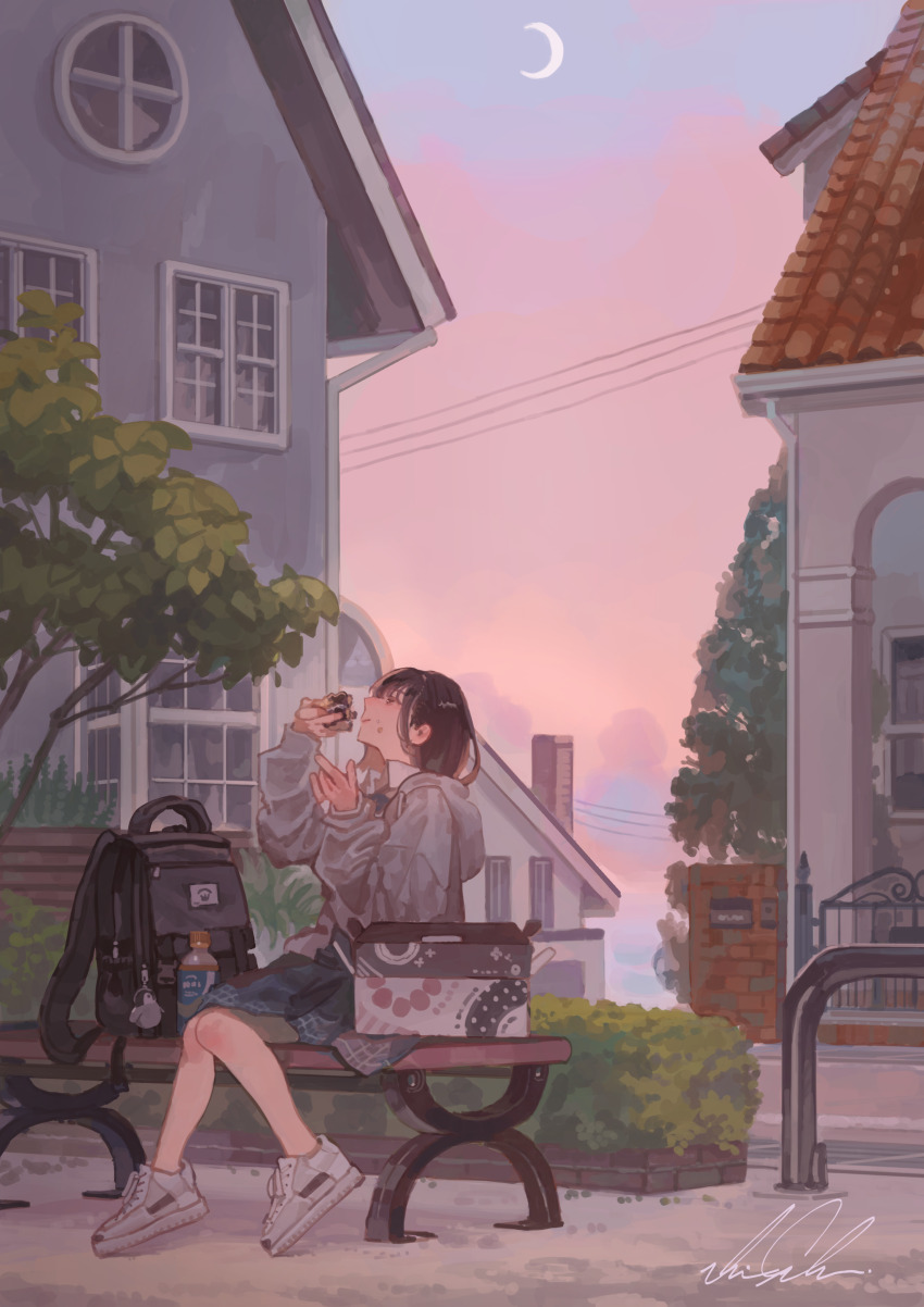 1girl absurdres artist_name backpack bag black_bag black_eyes black_hair blue_skirt charm_(object) closed_mouth commentary_request crescent_moon crumbs dawn eating food grey_jacket highres holding holding_food house jacket long_sleeves looking_up moon no_socks on_bench original outdoors profile shigre shoes short_hair signature sitting skirt sky smile sneakers solo stuffed_animal stuffed_penguin stuffed_toy white_shoes