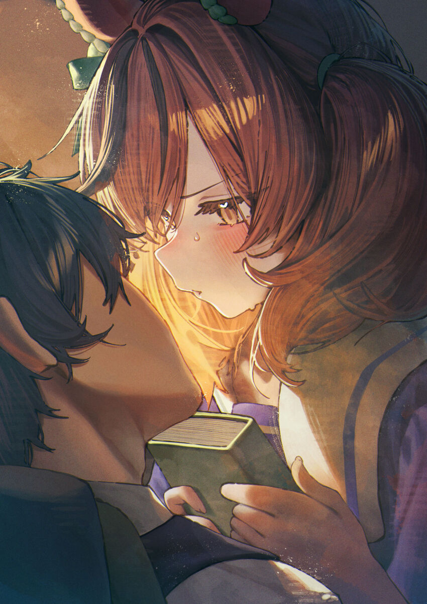 1boy 1girl animal_ears betabeet black_hair blush book brown_hair commentary english_commentary facing_another highres holding holding_book horse_ears horse_girl looking_at_another medium_hair nervous_sweating nice_nature_(umamusume) school_uniform sweat tracen_school_uniform trainer_(umamusume) umamusume upper_body