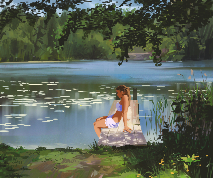 1girl arm_support bikini brown_hair commentary day dock english_commentary forest from_side highres long_hair nature original outdoors pond profile reflection reflective_liquid scenery simple_background slice_of_life snatti solo summer swimsuit tree water white_bikini wide_shot