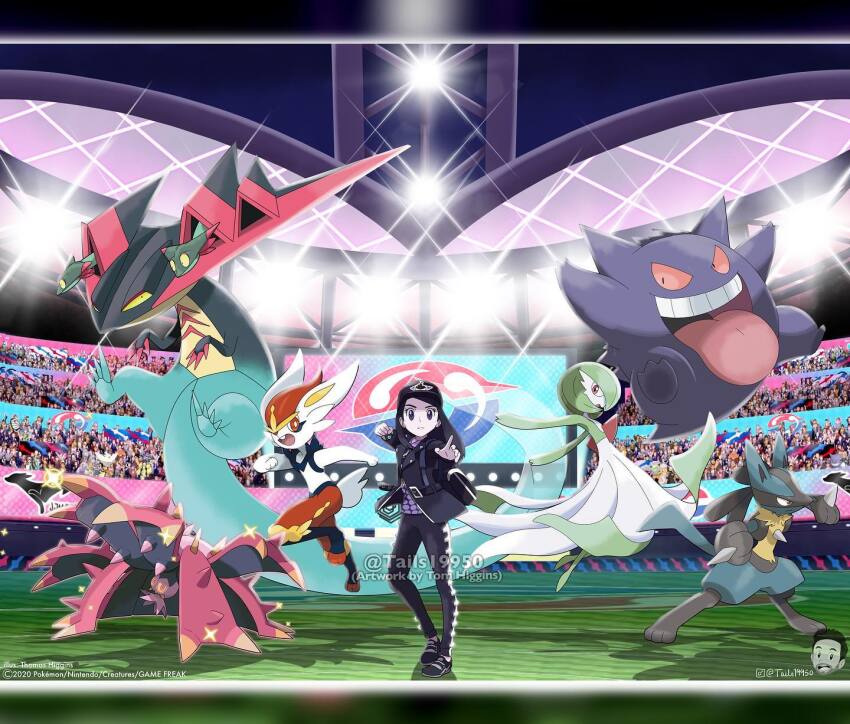 1girl alternate_color artist_name baseball_cap black_hat black_jacket black_pants black_shoes bracelet bright_pupils cinderace closed_mouth commentary commission company_name copyright_name copyright_notice dragapult dreepy dynamax_band english_commentary eyelashes floating full_body gardevoir gen_1_pokemon gen_3_pokemon gen_4_pokemon gen_7_pokemon gen_8_pokemon gengar hat highres in-universe_location instagram_username jacket jewelry long_sleeves lucario nintendo open_mouth orange_eyes original pants pink_eyes pokemon pokemon_(creature) pokemon_swsh red_eyes shiny_pokemon shirt shoes smile sparkle spikes split_mouth stadium stadium_lights standing teeth tom_higgins tongue tongue_out toxapex upper_teeth_only v-shaped_eyes watermark white_pupils