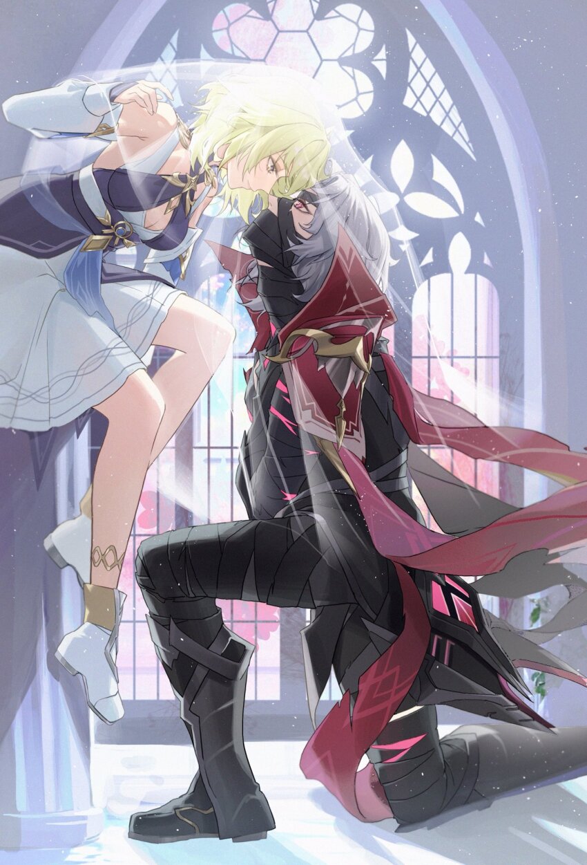 1boy 1girl adam's_apple anklet bandage_on_face bandaged_arm bandaged_neck bandages bandages_over_clothes bandages_over_mouth black_bandages black_boots boots breasts bridal_veil cape cleavage cleavage_cutout clothing_cutout commentary couple covered_mouth detached_sleeves dress english_commentary eye_contact foot_out_of_frame full_body genshin_impact green_hair hetero highres indoors jewelry kneeling long_sleeves looking_at_another medium_hair mystical_high_collar on_one_knee red_cape rerir_(genshin_impact) shoes tholindis_(genshin_impact) veil viviwi white_hair white_shoes white_sleeves
