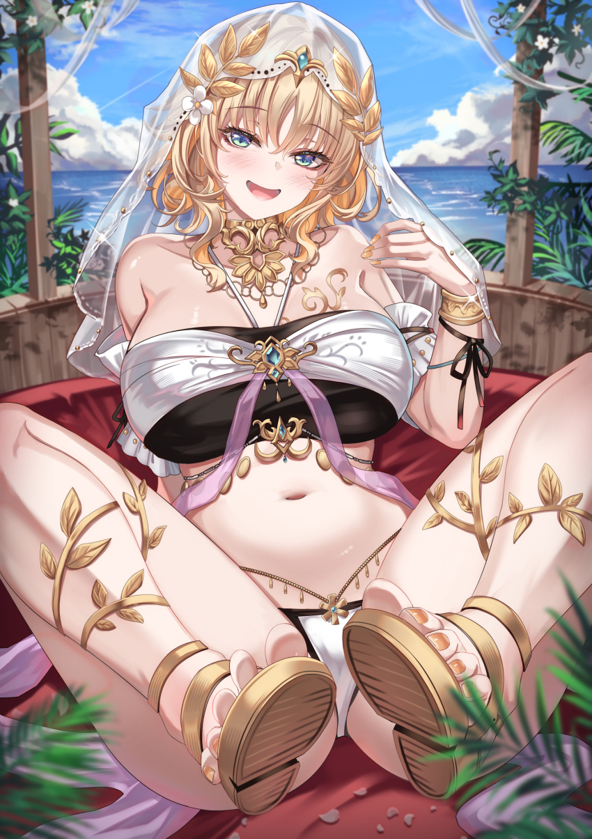 1girl :d aglaea_(honkai:_star_rail) alternate_costume bare_shoulders blonde_hair blue_eyes blush breasts cenangam commentary_request day hair_ornament highres honkai:_star_rail honkai_(series) large_breasts looking_at_viewer nail_polish navel open_mouth outdoors short_hair sitting smile solo stomach thighs toenail_polish toenails toes veil yellow_nails