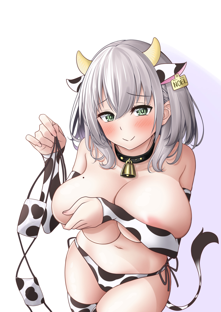 1girl absurdres animal_ears animal_print bell bikini black_collar breasts closed_mouth collar commentary_request covering_breasts covering_privates cow_ears cow_girl cow_print cow_print_bikini cow_tail cowbell green_eyes grey_hair highres holding holding_swimsuit holding_unworn_clothes hololive jingle_bell large_breasts looking_at_viewer medium_hair mole mole_on_breast neck_bell nipples print_bikini shirogane_noel side-tie_bikini_bottom smile solo swimsuit tail thighhighs unworn_swimsuit virtual_youtuber white_background white_thighhighs yokojima_kemomi_mi_chuushin