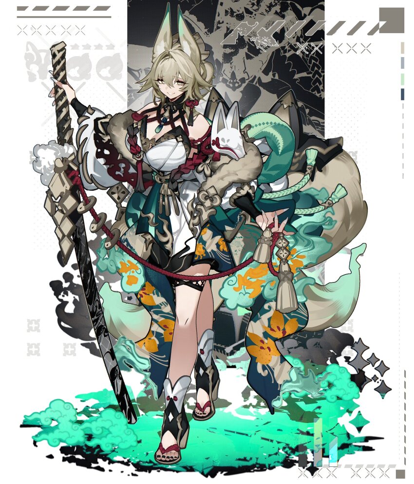 1girl animal_ears bare_shoulders black_nails block_heels blonde_hair breasts cleavage commentary commission crossed_legs dot_nose dress fingernails fox_ears fox_girl fox_mask fox_tail full_body green_clouds high_heels highres holding holding_sword holding_weapon japanese_clothes katana large_breasts long_fingernails mask monochrome_background nail_polish original parted_lips red_rope rope sheath sheathed shiba_(s_hi_ba_) skeb_commission smile solo standing sword tail thigh_strap toenail_polish toenails watson_cross weapon white_background white_dress white_nails wide_sleeves yellow_eyes