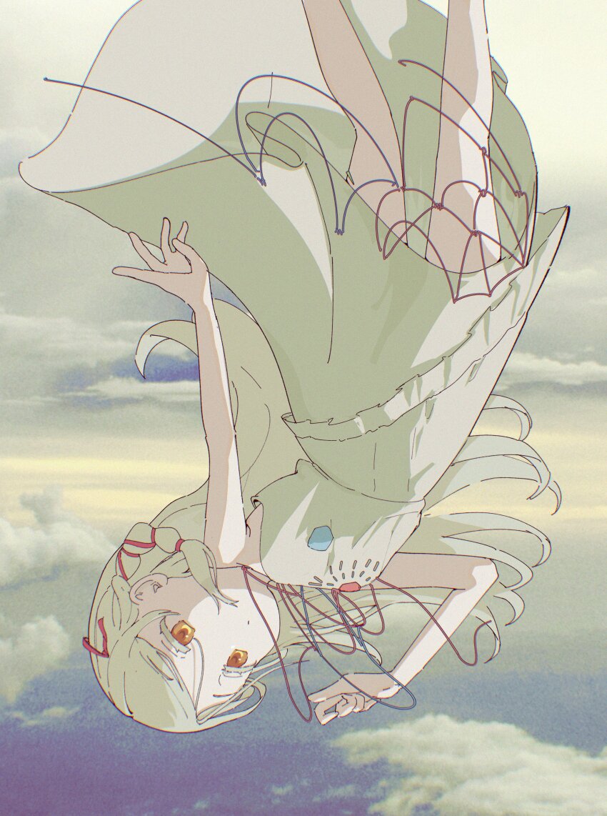 1girl absurdres blonde_hair braid closed_mouth cloud colored_eyelashes commentary dress edwardlo311 falling feet_out_of_frame flipped_hair gakuen_idolmaster grey_dress hair_ribbon highres idolmaster long_hair looking_ahead midair orange_eyes red_ribbon ribbon ribbon_braid shinosawa_hiro single_braid sky sleeveless sleeveless_dress solo sunfaded_(idolmaster) upside-down