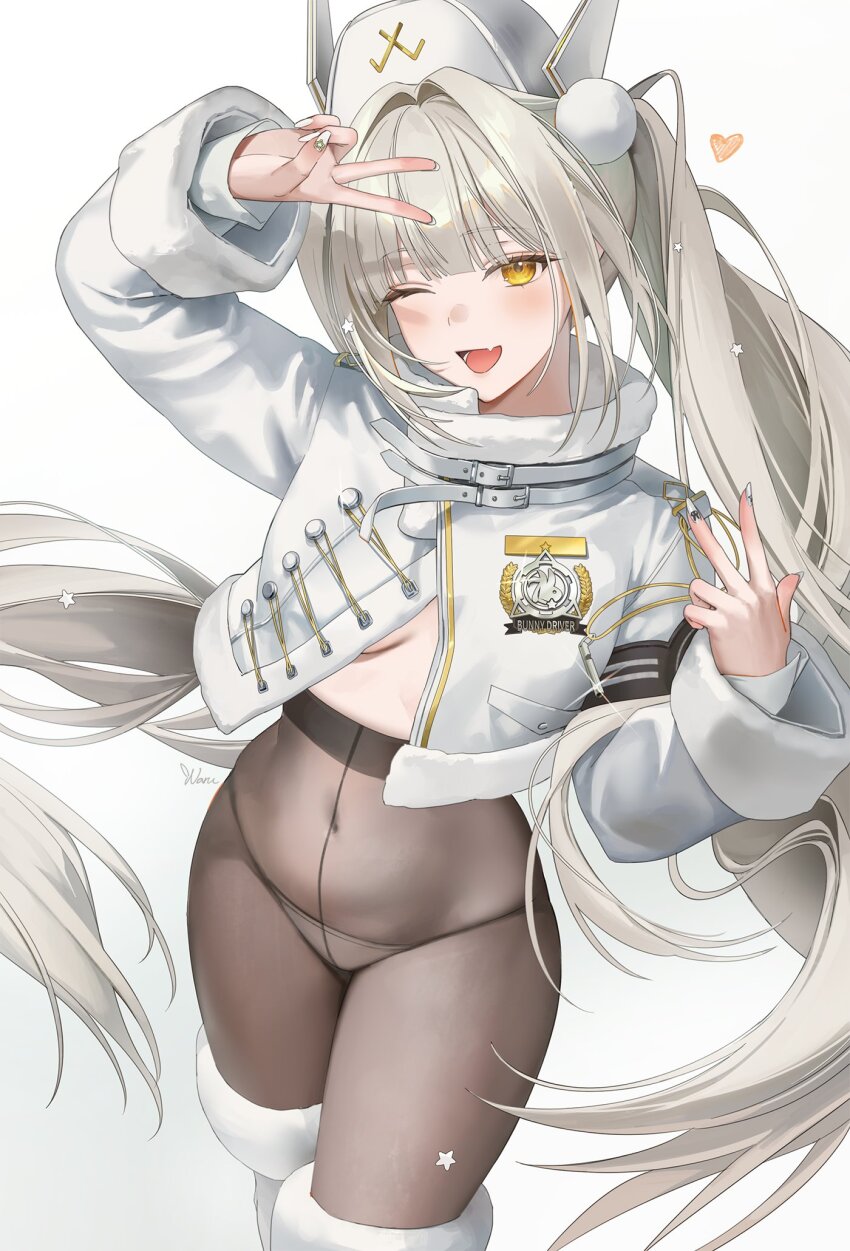 1girl armband black_armband black_pantyhose blanc_(fortune_express)_(nikke) blanc_(nikke) blush boots breasts coat commentary_request fur-trimmed_boots fur-trimmed_collar fur_trim goddess_of_victory:_nikke hat heart high-waist_pantyhose highres jacket long_hair looking_at_viewer naru_0 navel official_alternate_costume official_alternate_hairstyle one_eye_closed open_mouth panties panties_under_pantyhose pantyhose see-through_pantyhose smile solo star_(symbol) twintails underwear v very_long_hair white_boots white_hair white_hat white_panties winter_clothes winter_coat yellow_eyes