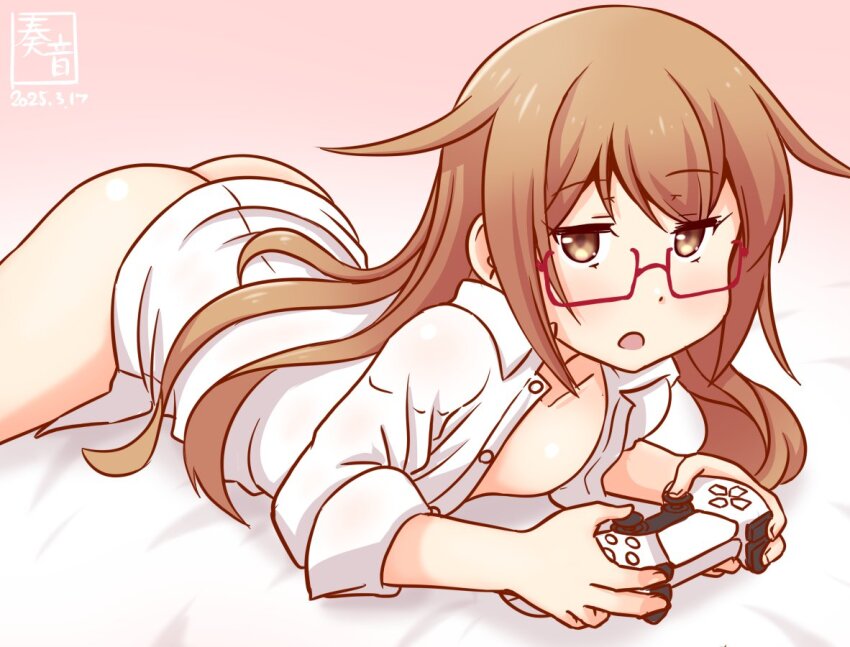 1girl artist_logo ass breasts brown_eyes brown_hair collared_shirt controller dated dress_shirt feet_out_of_frame game_controller glasses gradient_background kanon_(kurogane_knights) kantai_collection logo long_hair lying mochizuki_(kancolle) naked_shirt no_panties on_stomach one-hour_drawing_challenge open_clothes open_shirt pink_background red-framed_eyewear shirt small_breasts solo white_shirt
