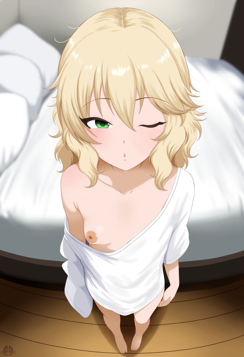1girl absurdres bad_tag bed blonde_hair blush breasts feet full_body green_eyes highres idolmaster idolmaster_cinderella_girls idolmaster_cinderella_girls_u149 indoors legs loli long_hair looking_at_viewer mrhunking nipples one_eye_closed pillow sakurai_momoka shirt small_breasts solo thighs toes white_shirt