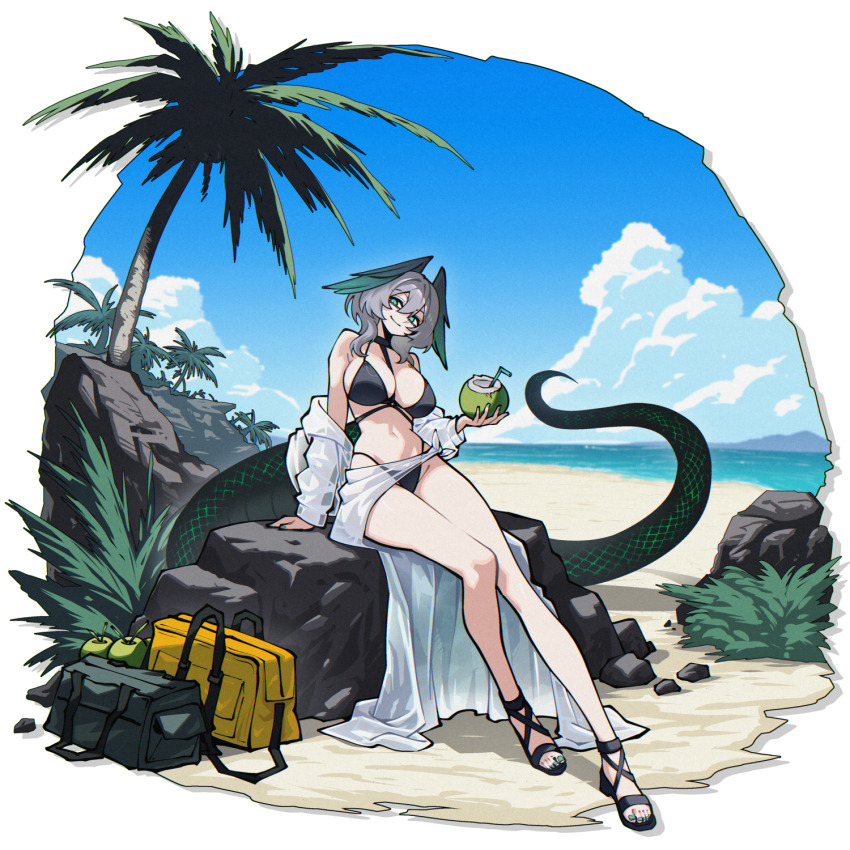 1girl alternate_costume aqua_eyes arknights beach between_breasts bikini black_bikini blue_sky breasts closed_mouth dryegen feathered_wings food fruit grey_hair hair_between_eyes head_wings highres ho'olheyak_(arknights) holding holding_food holding_fruit long_tail looking_at_viewer sarong sitting sky smile snake_tail solo strap_between_breasts swimsuit tail water white_sarong wide_shot wings