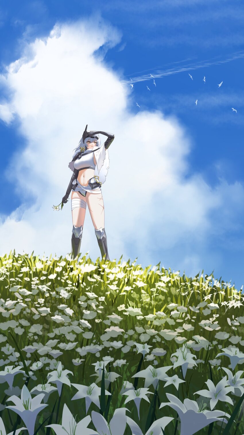1girl bandaged_waist bird blue_sky cloak cloud commentary_request field flower flower_field goddess_of_victory:_nikke highres holding holding_flower kimright0 korean_commentary lily_(flower) mechanical_arms official_alternate_costume official_alternate_design outdoors scar scar_on_thighs sky snow_white_(heavy_arms)_(nikke) snow_white_(nikke) solo torn_cloak torn_clothes white_cloak white_flower