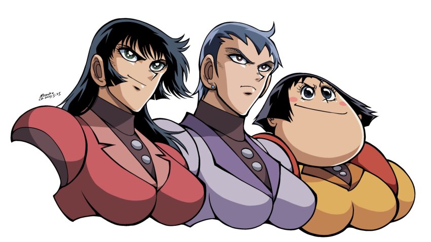 1990s_(style) 3girls akiyama_tsubaki black_hair blush_stickers bodysuit breasts bright_pupils brown_eyes cropped_torso earrings fat frown getter_robo getter_robo_daikessen! green_eyes highres ishikawa_ken_(style) jewelry long_hair mecha_pilot_suit miroku_(miroku_t) mizuki_akane multiple_girls official_style purple_bodysuit red_bodysuit retro_artstyle shibasaki_kaede short_hair smile stud_earrings white_pupils yellow_bodysuit