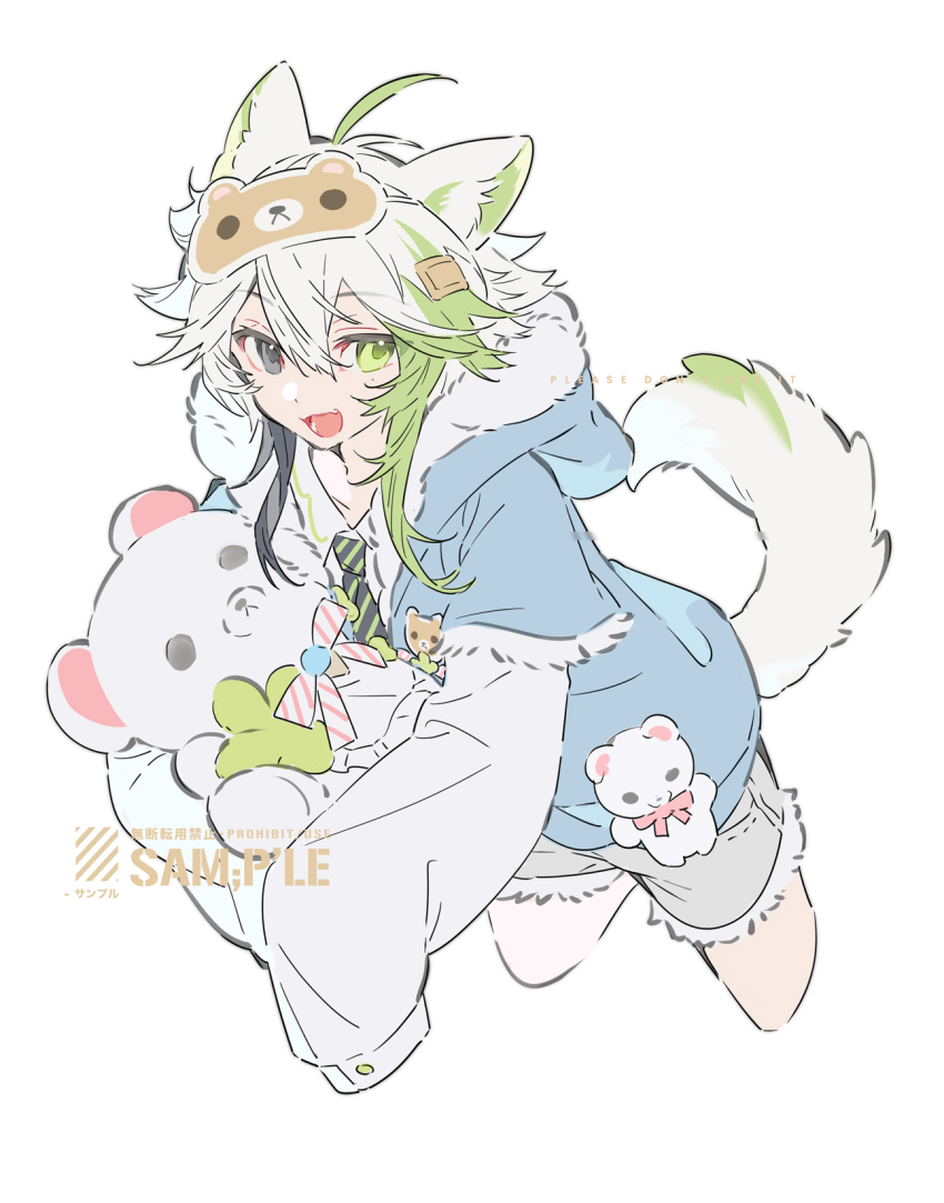 1girl ahoge anchun_(quail0503) animal_ears black_eyes blue_jacket cowboy_shot eyelashes fur-trimmed_jacket fur_trim green_eyes green_hair hair_between_eyes heterochromia highres hood hood_down jacket long_sleeves looking_to_the_side mole mole_under_eye multicolored_hair open_mouth original sample_watermark shorts sidelocks sleep_mask sleeves_past_fingers sleeves_past_wrists solo stuffed_animal stuffed_toy tail teddy_bear teeth tongue watermark white_background