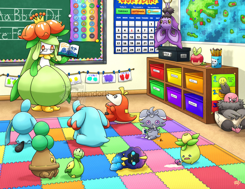 1girl alphabet apple applin artist_name basket bespectacled bonsly book bottle box budew calendar_(object) chalkboard classroom closed_eyes closed_mouth commentary cosmog drink_carton eating_non-food english_commentary english_text eraser espurr food fruit fuecoco full_body gen_2_pokemon gen_3_pokemon gen_4_pokemon gen_5_pokemon gen_6_pokemon gen_7_pokemon gen_8_pokemon glasses glue highres hoenn_map holding holding_book hop_on_pop indoors legendary_pokemon lilligant lying map_(object) milk_bottle milk_carton moomoo_milk nintendo noibat o_o olive on_side open_book open_mouth pencil phanpy pokemon pokemon_(creature) pokemon_focus popplio poster_(object) september shelf signature sitting sleeping smile smiley_face smoliv spill spilled_milk sun_symbol teacher tearing_up thecalendork upside-down vullaby watermark wavy_mouth wynaut