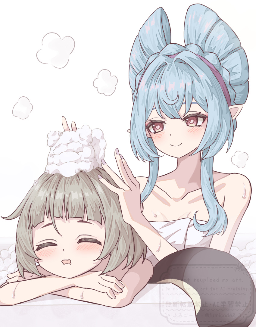 2girls bathing blue_hair closed_mouth fumicode2_3 genshin_impact grey_hair hairband highres long_hair multiple_girls open_mouth pointy_ears purple_eyes raccoon_tail sayu_(genshin_impact) short_hair simple_background smile soap_bubbles tail washing_hair white_background yumemizuki_mizuki