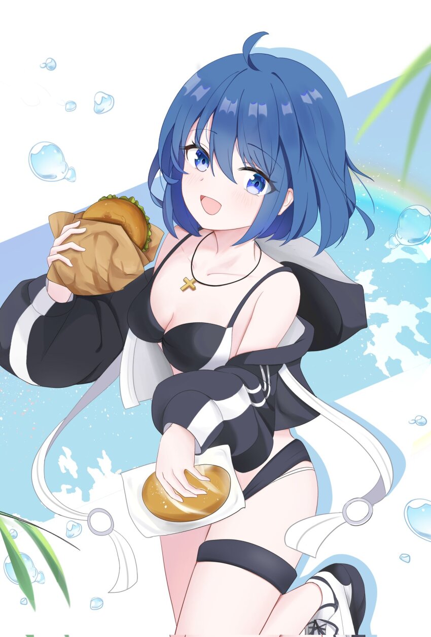 1girl ahoge bikini black_bikini black_jacket blue_eyes blue_hair breasts c.i.e.l_(fate) ciel_(tsukihime) cleavage cropped_jacket cross cross_necklace fate/grand_order fate_(series) highres hood hood_down hooded_jacket jacket jewelry latin_cross layered_bikini long_sleeves looking_at_viewer medium_breasts mysterious_executor_c.i.e.l_(fate) necklace open_clothes open_jacket open_mouth puffy_long_sleeves puffy_sleeves shoelaces shoes short_hair smile sneakers solo swimsuit thigh_strap ttriwk white_shoes