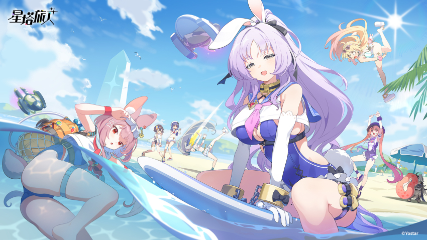 6+girls amber_(stella_sora) amber_(swimsuit)_(stella_sora) animal_ears armband beach beach_umbrella beach_volleyball bikini black_hair black_ribbon blonde_hair blue_hair blue_one-piece_swimsuit blue_sky bow bowtie bracelet breasts chinese_commentary cleavage_cutout clothing_cutout cloud collared_halterneck commentary_request competition_swimsuit copyright_logo copyright_name cosette_(stella_sora) cosette_(swimsuit)_(stella_sora) crop_top cuffs day drone elbow_gloves female_tyrant_(stella_sora) female_tyrant_(swimsuit)_(stella_sora) frilled_armband frills gloves grey_eyes grey_hair hair_ribbon high_ponytail highres innertube iris_(stella_sora) iris_(swimsuit)_(stella_sora) jewelry karin_(stella_sora) knees_together_feet_apart large_breasts logo looking_at_viewer mistique_(stella_sora) mistique_(swimsuit)_(stella_sora) mole mole_on_thigh monolith_(object) multiple_girls neckerchief nishiki_kazue noya_(lingering_sunlight)_(stella_sora) noya_(stella_sora) ocean official_alternate_costume official_art one-piece_swimsuit open_mouth outdoors palm_tree partially_underwater_shot pink_hair pink_neckerchief ponytail purple_hair purple_one-piece_swimsuit rabbit_ears rabbit_girl rabbit_tail red_bow red_bowtie red_eyes ribbon sandals scrunchie shackles shia_(stella_sora) shirt sky sleeveless sleeveless_shirt smile squatting standing stella_sora sun sunlight surfboard swim_ring swimsuit tail thigh_strap thighs tree tyrant_(stella_sora) umbrella water white_bikini white_gloves white_hair white_shirt wrist_scrunchie