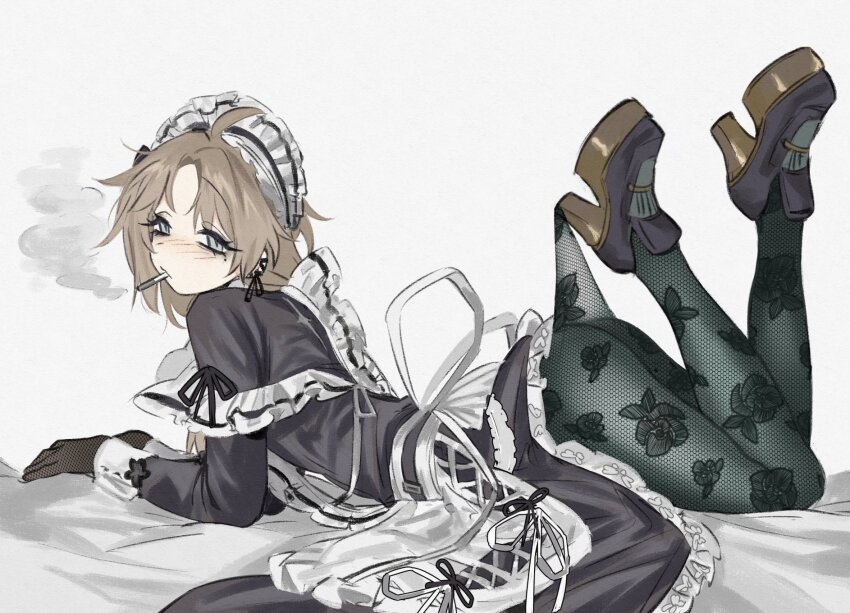 1boy apron black_dress black_gloves brown_hair cigarette colored_shoe_soles commentary crossdressing crossdressing_(mtf) dress gloves grey_eyes high_heels highres hooked_on_heel kanae_(19th_costume)_(nijisanji) kanae_(nijisanji) lace lace_pantyhose lace_pantyhose_hooked_on_heel_(meme) looking_at_viewer lying maid maid_apron maid_headdress male_focus male_maid meme nijisanji official_alternate_costume on_stomach pantyhose sleeve_cuffs smoke smoking solo sp1nosaur symbol-only_commentary virtual_youtuber