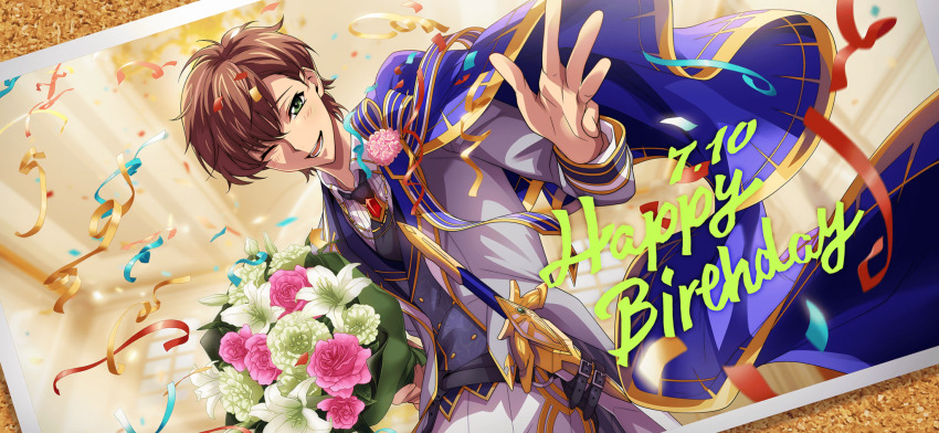 1boy belt birthday black_necktie blue_cape bouquet brown_hair cape code_geass code_geass:_lost_stories f4samurai flower game_cg green_eyes happy happy_birthday highres kururugi_suzaku multiple_belts necktie official_art one_eye_closed open_mouth photo_(object) short_hair smile solo teeth