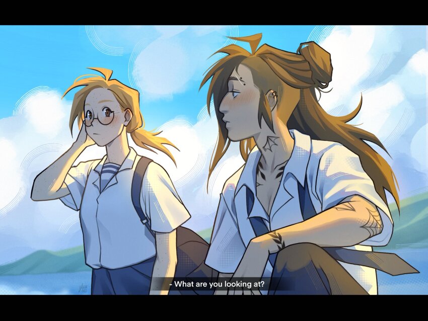 2girls arm_rest arm_tattoo asymmetrical_hair backpack bag black_pants blonde_hair blush breasts brown_eyes brown_hair chest_tattoo cleavage commentary ear_piercing english_commentary english_text eyebrow_cut eyebrow_piercing face_piercing glasses gluca hair_bun highres letterboxed medium_breasts multiple_girls neck_tattoo necktie original pants piercing school_uniform sidecut signature single_hair_bun subtitled tattoo undercut undone_necktie