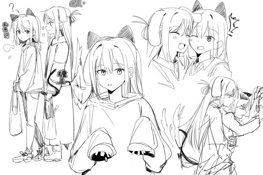 2girls animal_ears cat_ears cat_girl cat_tail chinese_commentary closed_eyes commentary_request dog_ears dog_girl dog_tail fang greyscale haidao_mao highres kemonomimi_mode long_hair medium_hair miyagi_shiori monochrome multiple_girls multiple_views one_eye_closed open_mouth sendai_hazuki shuuniichido_classmate_wo_kau_hanashi sleeves_past_wrists tail tail_wagging translation_request yuri