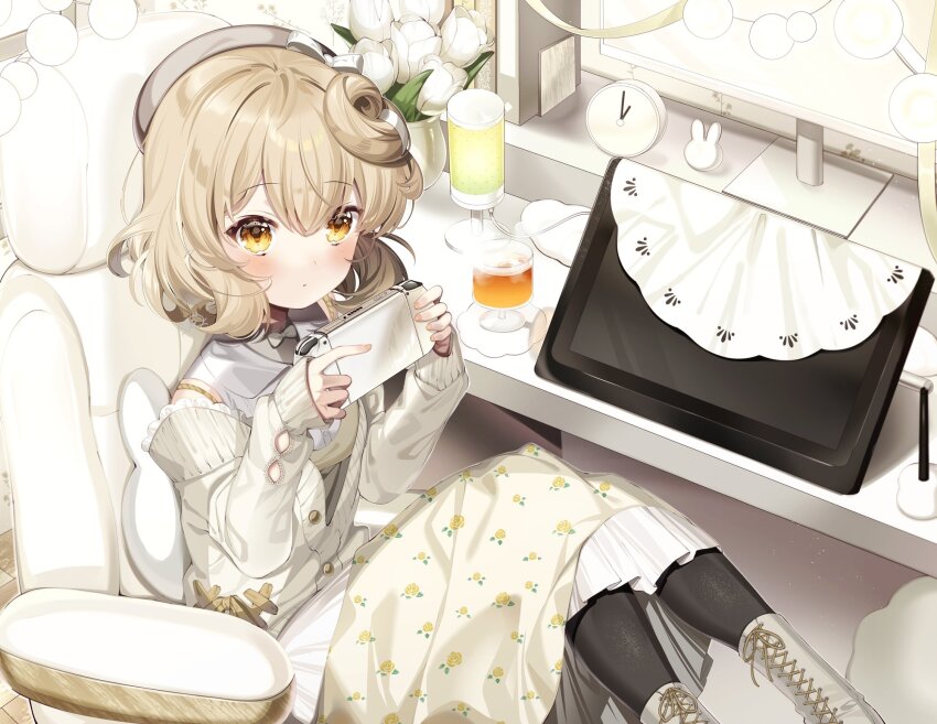 1girl beret boots brown_hair cardigan chair chi_no clock commentary cup curly_hair drawing_tablet drinking_glass floral_print floral_print_skirt flower grey_boots grey_hat handheld_game_console hands_up hat highres holding holding_handheld_game_console indie_virtual_youtuber lace-up_boots long_sleeves looking_at_viewer medium_hair messy_hair monitor notino_(vtuber) partially_unbuttoned print_skirt shirt sitting skirt solo stylus symbol-only_commentary virtual_youtuber white_cardigan white_flower white_shirt yellow_eyes yellow_skirt