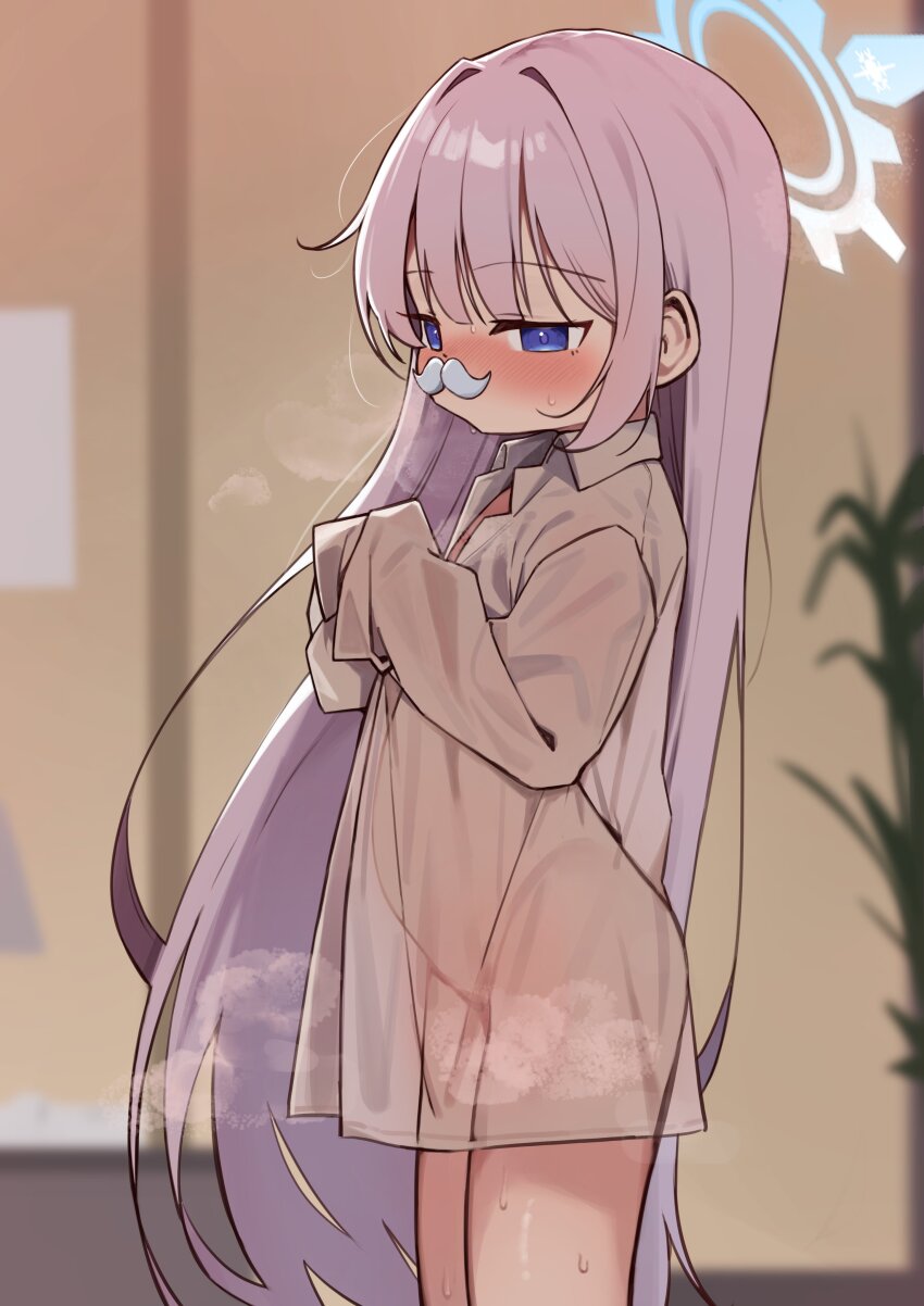 1girl absurdres blue_archive blue_eyes blue_halo blush breath cherino_(blue_archive) facial_hair fake_facial_hair fake_mustache halo highres led_winter loli long_hair mustache nude oversized_clothes oversized_shirt plant see-through_clothes see-through_shirt shirt solo standing sweat white_hair white_mustache