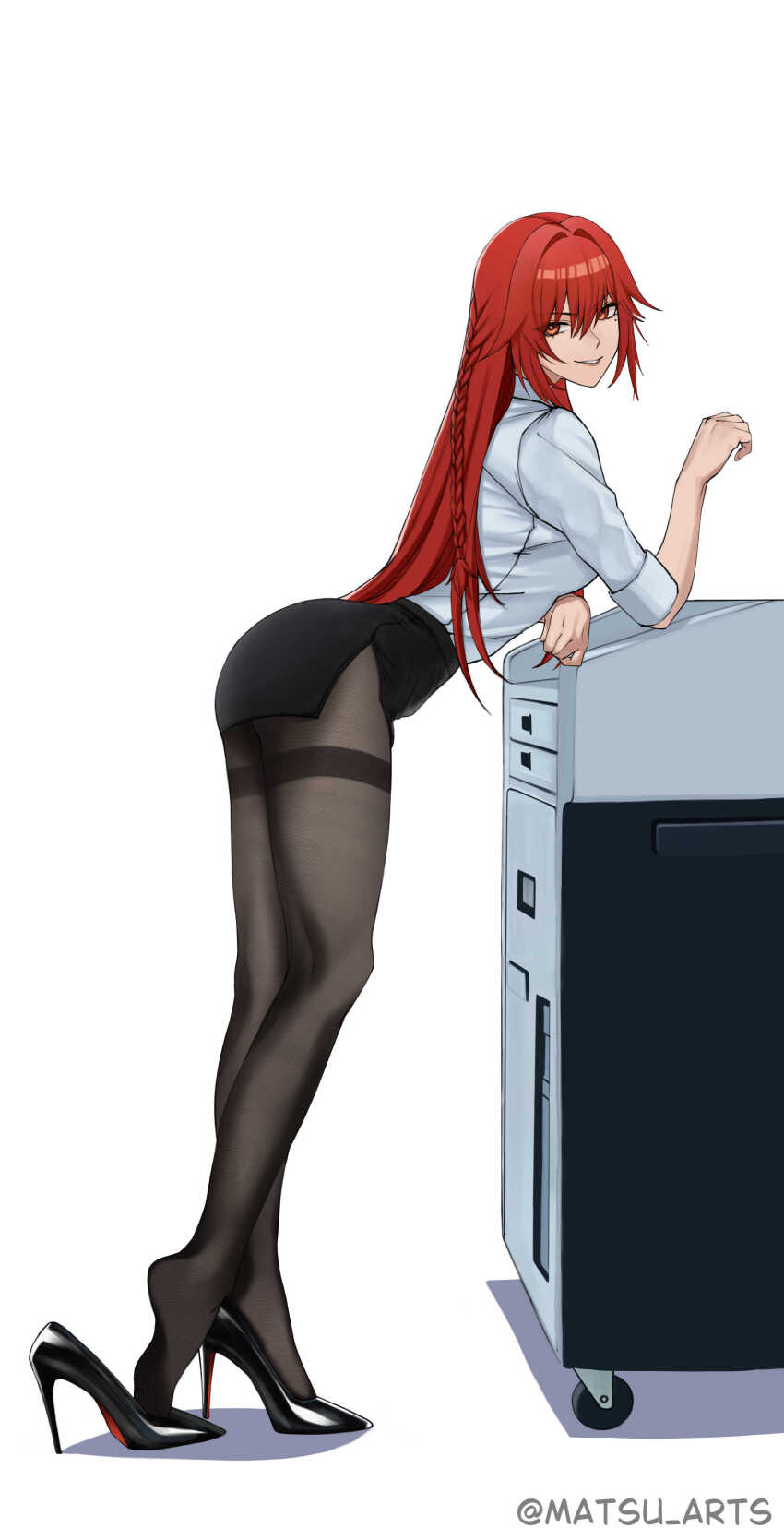 1girl absurdres alternate_costume artist_name black_pantyhose black_shoes black_skirt blue_shirt commentary english_commentary formal_clothes full_body high_heels highres leaning_forward legs long_hair looking_at_viewer matsu_arts mole mole_under_eye office_lady official_style open_mouth pantyhose parted_lips punishing:_gray_raven red_eyes red_hair shirt shoes skirt sleeves_rolled_up smile solo standing twitter_username vera_(pgr) white_background