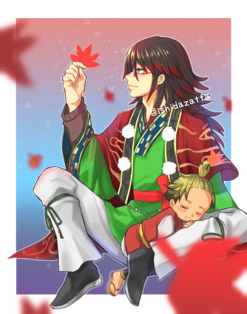 2boys autumn_leaves brown_hair glasses gradient_hair green_eyes hair_between_eyes hashtag-only_commentary highres ishidazatta japanese_clothes kimono kotaro_(rune_factory) kurama_(rune_factory) leaf long_hair maple_leaf multicolored_hair multiple_boys orange_kimono raccoon_boy red_hair rune_factory rune_factory:_guardians_of_azuma sleeping sleeping_on_person wide_sleeves