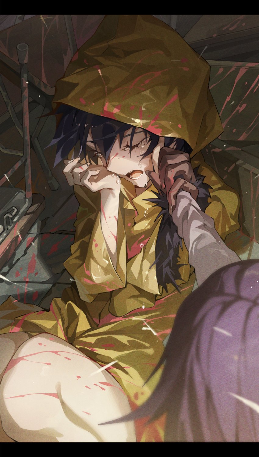 2girls absurdres bakemonogatari black_hair blood blood_on_clothes blood_on_face coat crying desk highres holding_hands hxxg kanbaru_suruga monkey_paw monogatari_(series) multiple_girls open_mouth raincoat rainy_devil senjougahara_hitagi yellow_coat