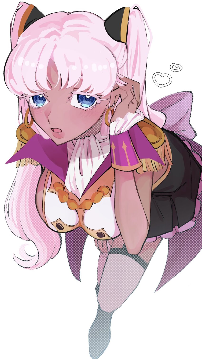 1girl back_bow bad_id bad_twitter_id blue_eyes bow breasts catherine_sabathra code_geass code_geass:_dakkan_no_roze crop_top dark-skinned_female dark_skin earrings fingernails frilled_cuffs frills from_side hand_up heart heart-shaped_pupils highres jewelry large_breasts leaning_forward long_hair looking_at_viewer looking_to_the_side nmexemn open_mouth parted_bangs pink_hair pink_lips shade simple_background skirt sleeveless solo standing symbol-shaped_pupils thick_lips thighhighs thighs twintails white_background wrist_cuffs