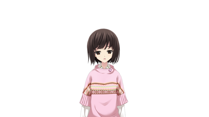 1girl annoyed bob_cut brown_eyes brown_hair chaos;child child collared_shirt game_cg highres looking_at_viewer matsuo_yukihiro narrowed_eyes non-web_source official_art open_mouth pink_sweater science_adventure shirt short_hair solo sprite sweater swept_bangs tachibana_yui transparent_background white_shirt