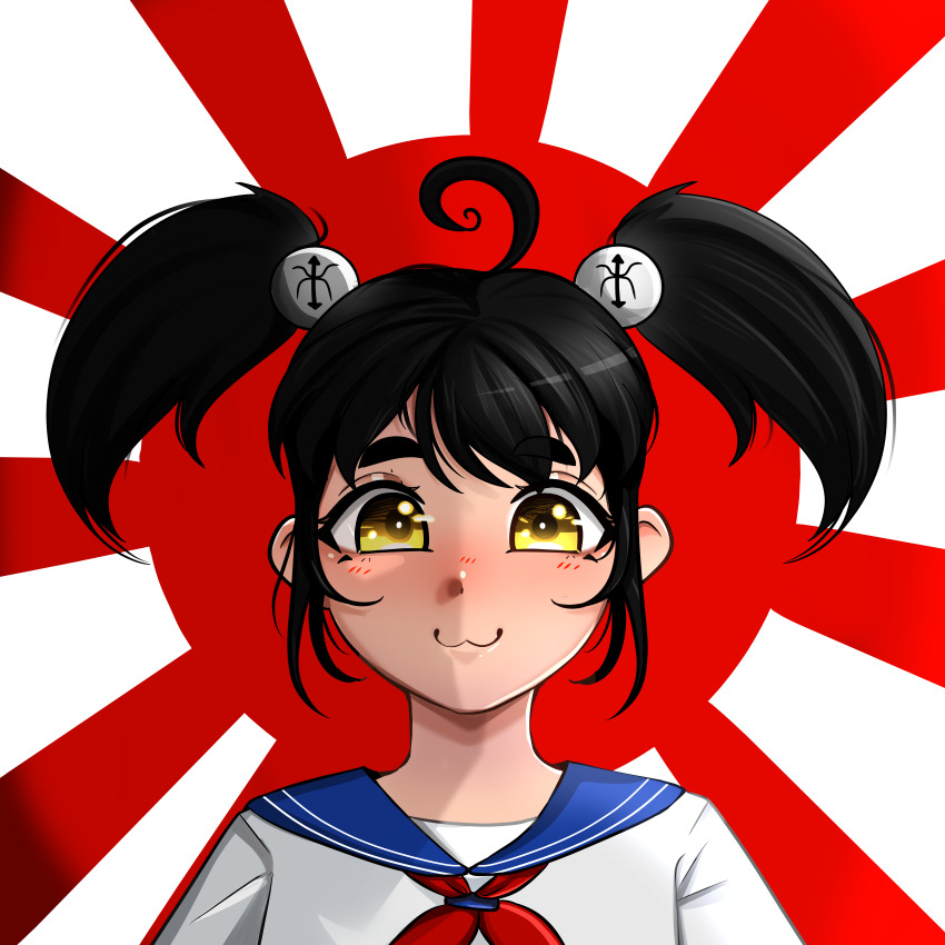1girl absurdres black_hair command_&amp;_conquer command_&amp;_conquer:_red_alert command_&amp;_conquer:_red_alert_3 commission commissioner_upload dress highres mseve09 non-web_source red_alert_3 rising_sun_flag sailor_collar sailor_dress sunburst twintails yellow_eyes yuriko_omega