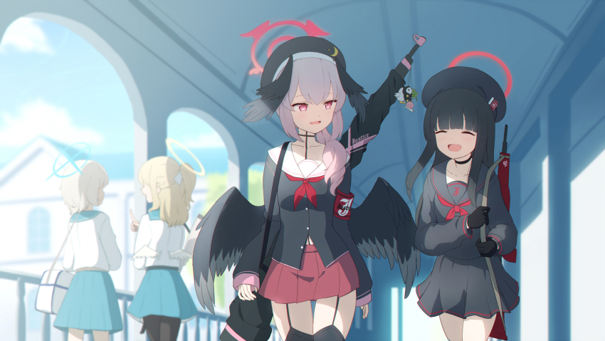 4girls aged_up arius_student_(blue_archive) assault_rifle beret black_hair black_pantyhose black_sailor_collar black_serafuku black_thighhighs black_wings blonde_hair blue_archive blue_halo bullpup closed_eyes feathered_wings gun hallway halo hamachikichiki hat head_wings highres justice_task_force_member_(blue_archive) koharu_(blue_archive) multiple_girls open_mouth pantyhose pink_eyes pink_hair pink_halo pink_skirt red_halo rifle sailor_collar school_uniform serafuku short_hair skirt smile sniper_rifle thighhighs trinity_student_(blue_archive) weapon white_hair white_wings wings yellow_halo zettai_ryouiki