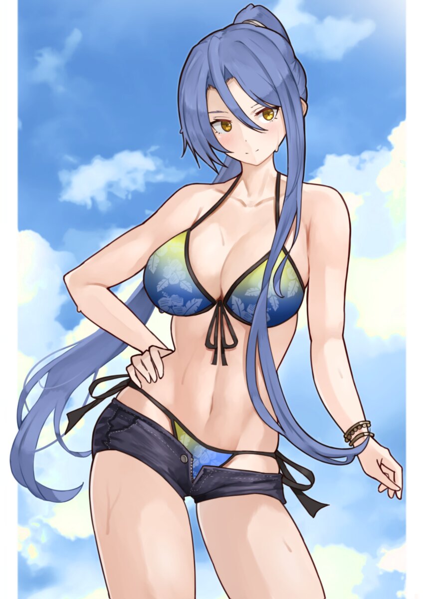 1girl absurdres bikini bikini_bottom_under_shorts bikini_under_clothes blue_bikini blue_sky border bracelet breasts cleavage closed_mouth cloud commentary_request commission denim denim_shorts double-parted_bangs eiyuu_densetsu floral_print floral_print_bikini front-tie_bikini_top front-tie_top hair_between_eyes hand_on_own_hip high_ponytail highres jewelry large_breasts laura_s._arseid long_hair long_single_sidelock looking_at_viewer lowleg lowleg_bikini lowleg_shorts navel outdoors partially_unzipped ponytail print_bikini sen_no_kiseki sen_no_kiseki_(series) sen_no_kiseki_iv short_shorts shorts side-tie_bikini_bottom single_sidelock skeb_commission sky smile solo stomach sweatdrop swimsuit upper_body very_long_hair white_border yellow_eyes yotsuha_uni